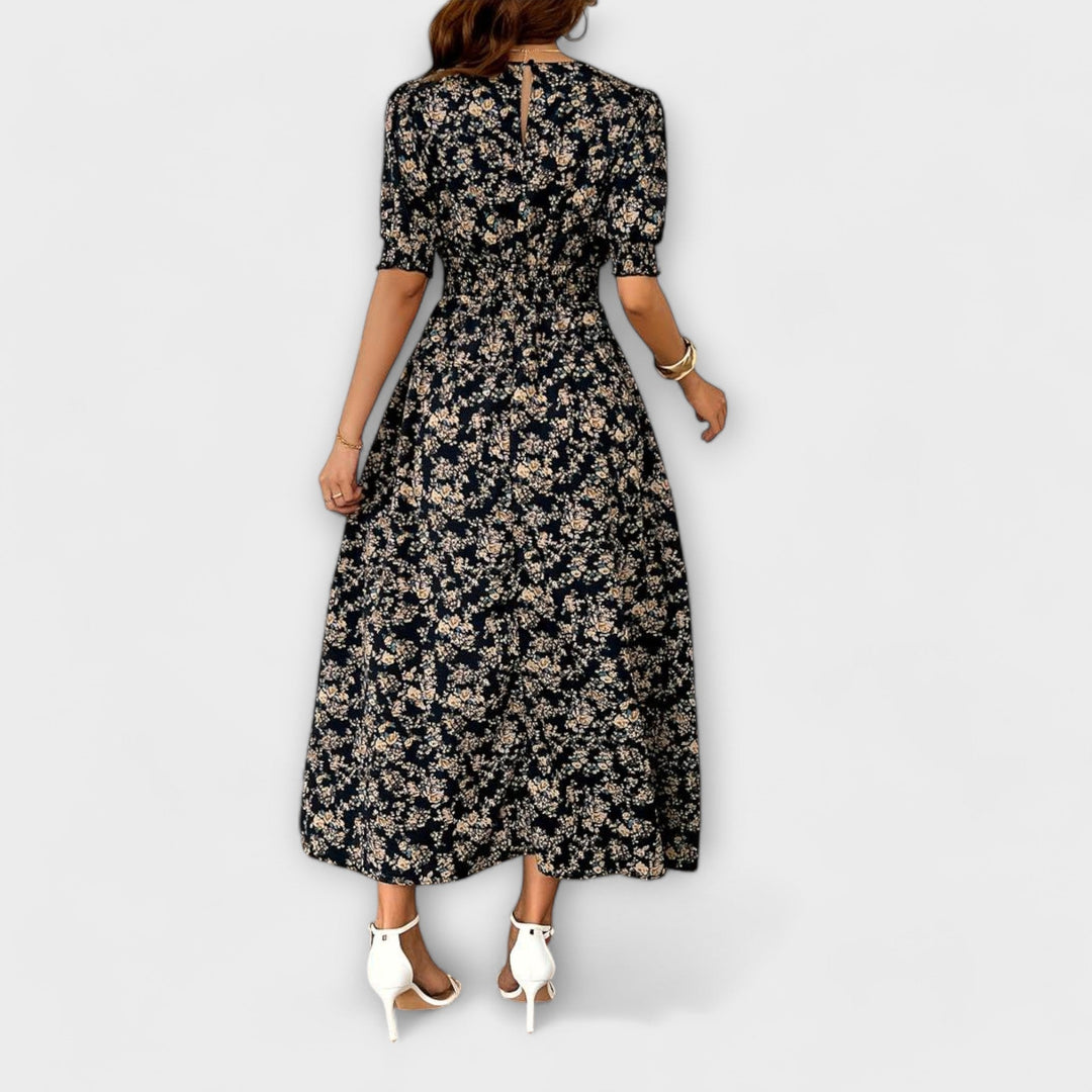 Dress with Round Neck and Floral Pattern