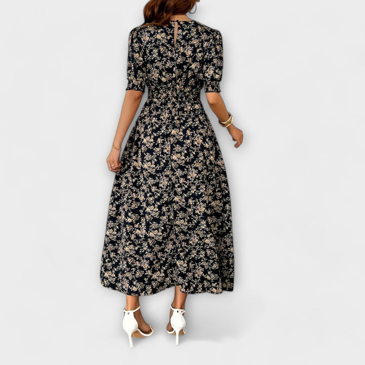Dress with Round Neck and Floral Pattern