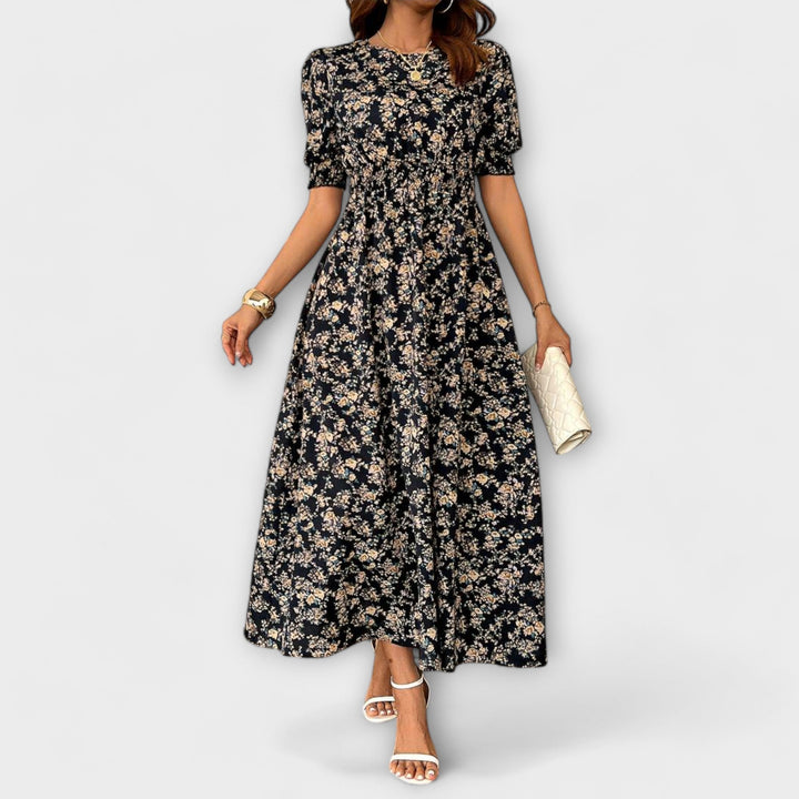 Dress with Round Neck and Floral Pattern