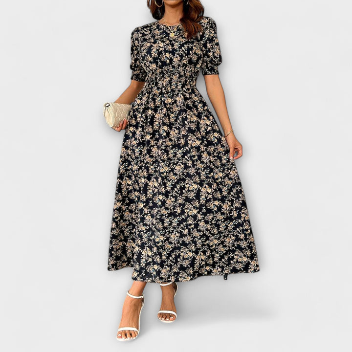 Dress with Round Neck and Floral Pattern
